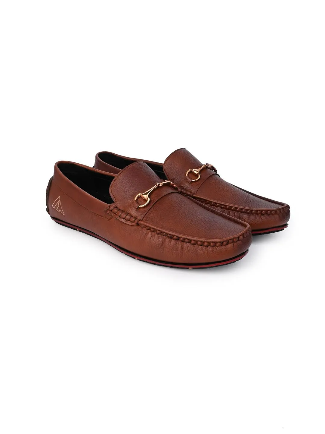 Alberto Torresi Tan Round Toe Loafers With Metal Accent