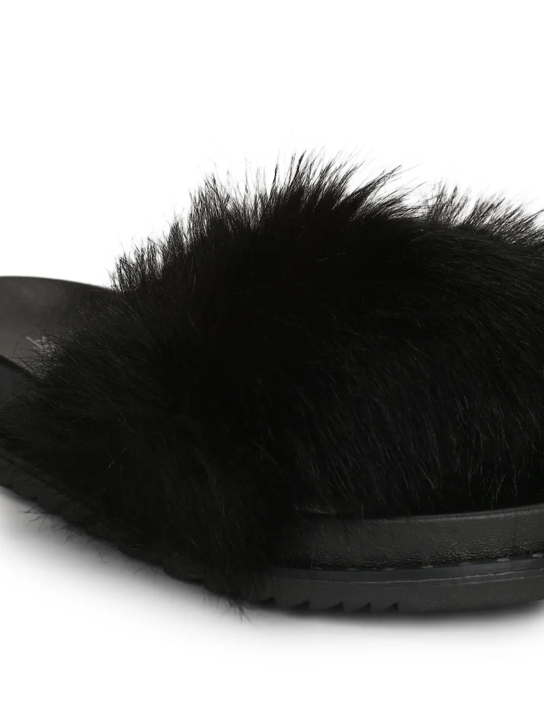 Black Fur Studded Slip-on Flats