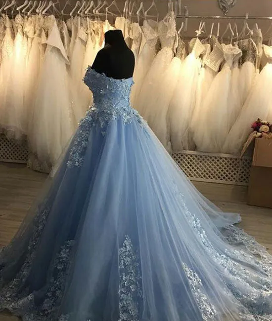 Blue sweetheart neck tulle lace applique long prom dress, blue evening dress