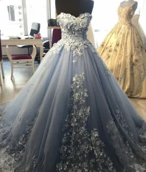 Blue sweetheart neck tulle lace applique long prom dress, blue evening dress