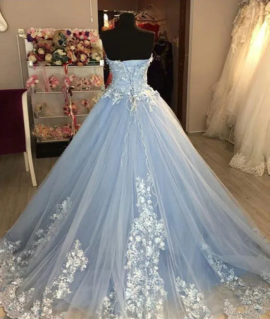 Blue sweetheart neck tulle lace applique long prom dress, blue evening dress