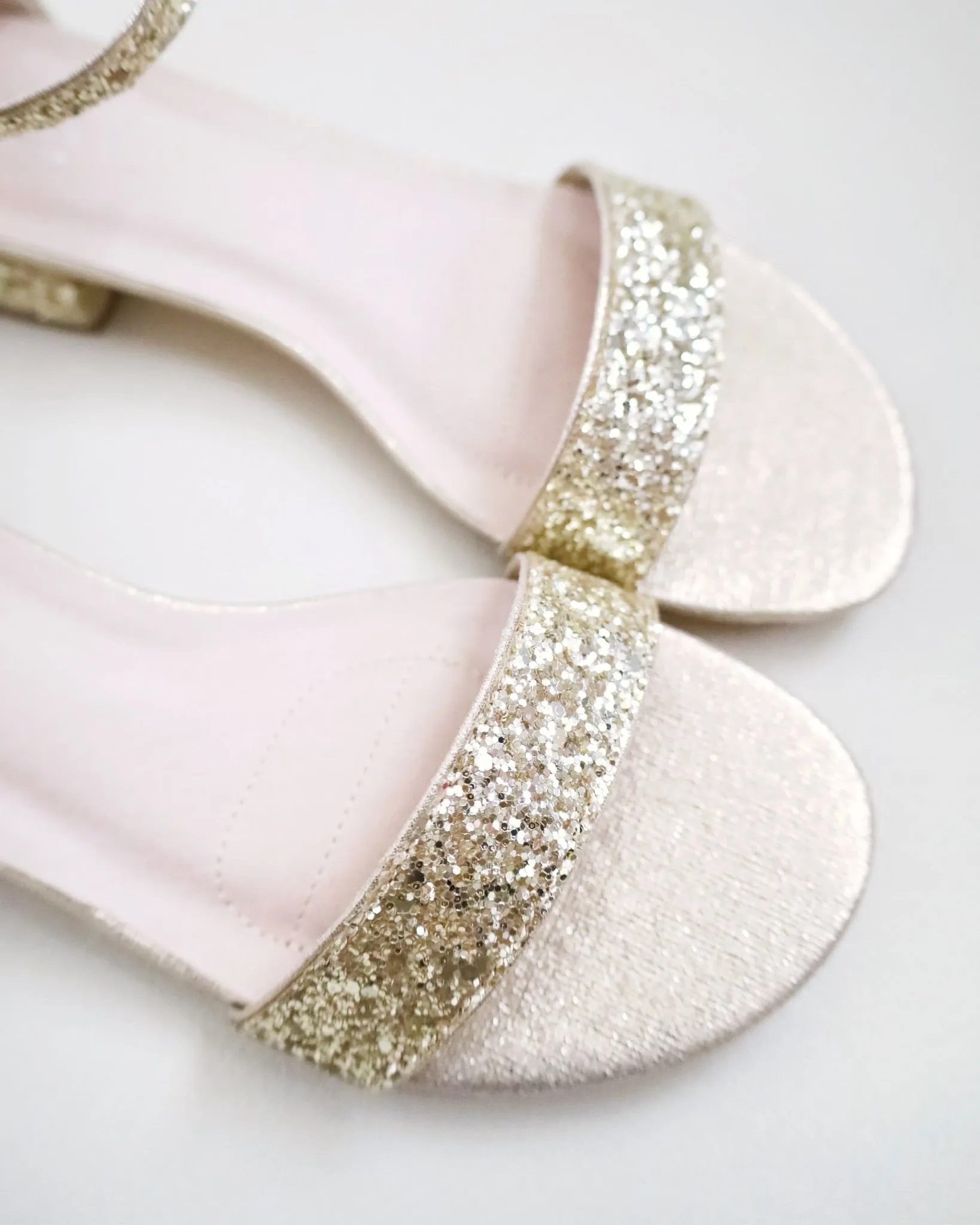 Gold Rock Glitter Low Block Heel Wedding Sandals with Back Satin Bow