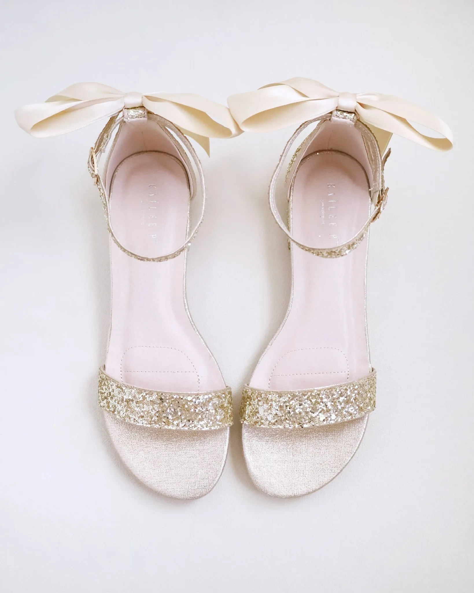 Gold Rock Glitter Low Block Heel Wedding Sandals with Back Satin Bow